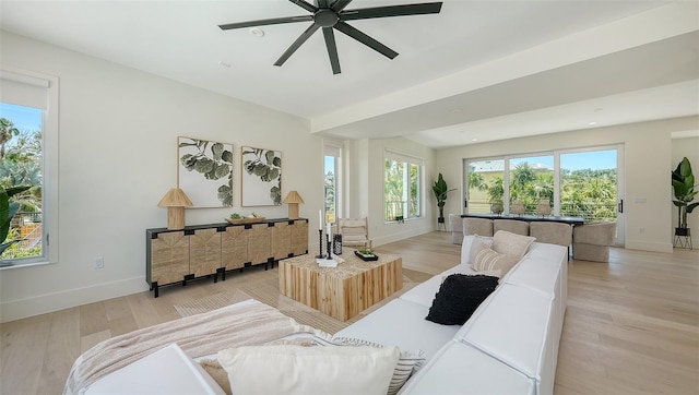 8800 Midnight Pass Rd, Sarasota, FL 34242 - living area featuring light wood finished floors and ceiling fan