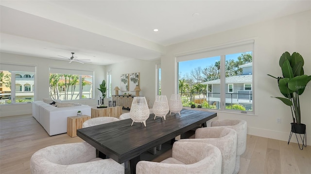 8800 Midnight Pass Rd, Sarasota, FL 34242 - dining area featuring light wood-type flooring, recessed lighting, and a ceiling fan