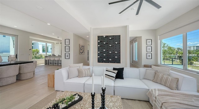 8800 Midnight Pass Rd, Sarasota, FL 34242 - living area with wood finished floors, a ceiling fan, and recessed lighting