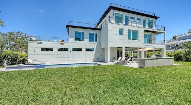 8800 Midnight Pass Rd, Sarasota, FL 34242 - back of house with a balcony, a patio area, a lawn, and stucco siding