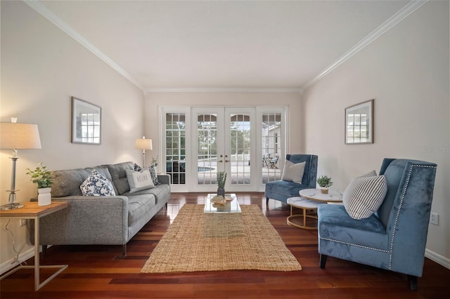 living room with a wealth of natural light, ornamental molding, french doors, and dark wood-style flooring