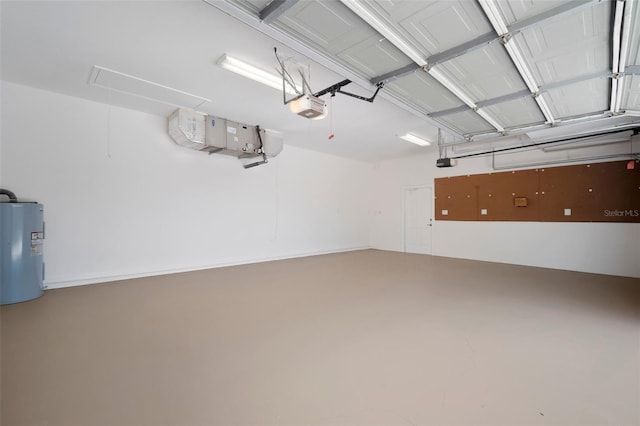 garage with water heater and a garage door opener