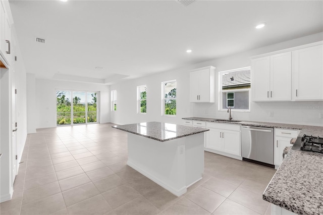 kitchen with stainless steel dishwasher, open floor plan, a sink, and plenty of natural light