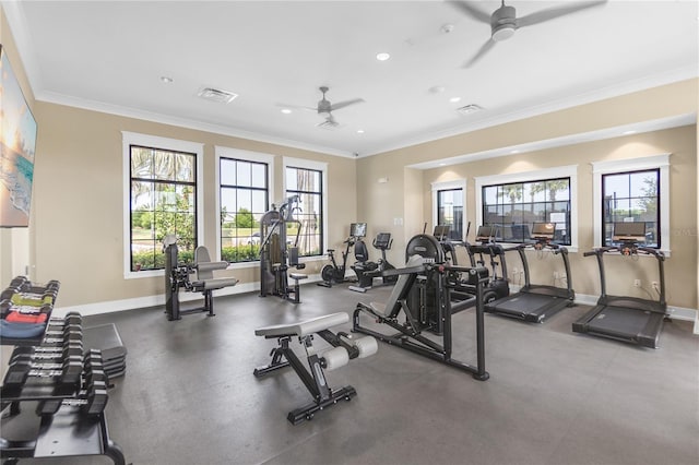 gym with a ceiling fan, crown molding, baseboards, visible vents, and recessed lighting