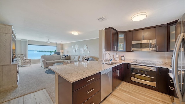 kitchen featuring appliances with stainless steel finishes, a sink, dark brown cabinetry, a peninsula, and crown molding