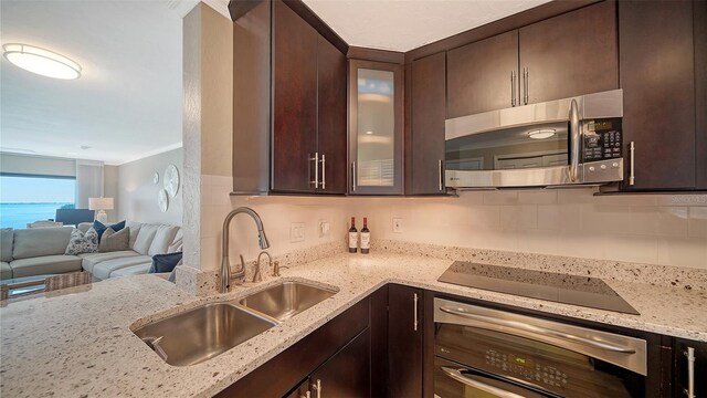 kitchen featuring appliances with stainless steel finishes, a sink, dark brown cabinetry, and decorative backsplash