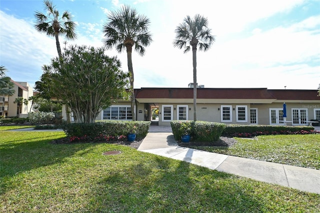 ranch-style house featuring a front lawn and stucco siding