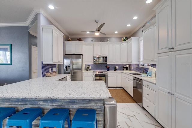 kitchen featuring crown molding, a sink, ceiling fan, a peninsula, and appliances with stainless steel finishes