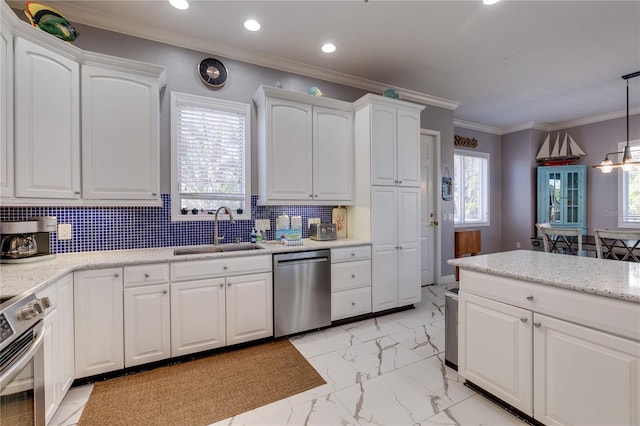 kitchen with a sink, marble finish floor, white cabinets, appliances with stainless steel finishes, and recessed lighting