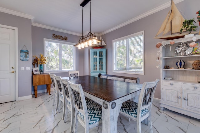 dining space with marble finish floor, baseboards, and ornamental molding