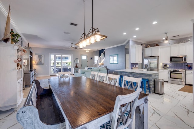 dining area featuring recessed lighting, marble finish floor, visible vents, a ceiling fan, and crown molding