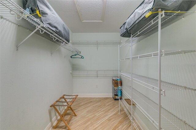 spacious closet featuring attic access and wood finished floors