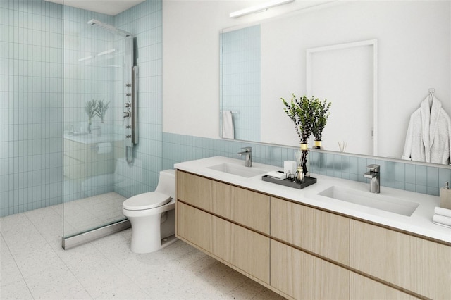 2170 Robinhood St Unit A2-305, Sarasota, FL 34231 - bathroom with tile patterned floors, toilet, a walk in shower, double vanity, and tile walls