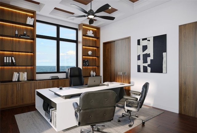 4050 Higel Ave, Sarasota, FL 34242 - home office with coffered ceiling, dark wood finished floors, and ceiling fan