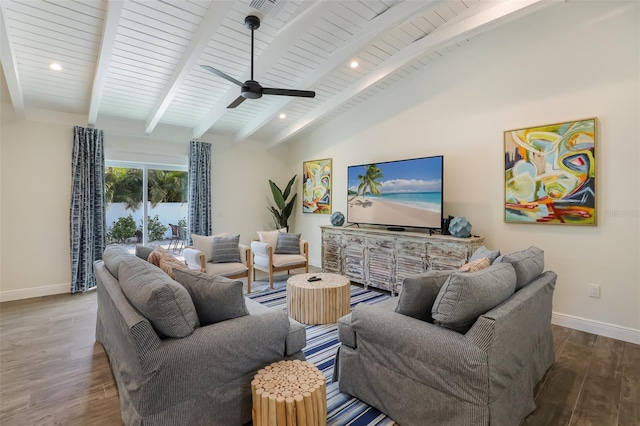 305 73rd St, Holmes Beach, FL 34217 - living area featuring lofted ceiling with beams, wood finished floors, baseboards, and a ceiling fan