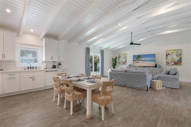 305 73rd St, Holmes Beach, FL 34217 - dining room featuring lofted ceiling with beams, light wood-style flooring, recessed lighting, and ceiling fan