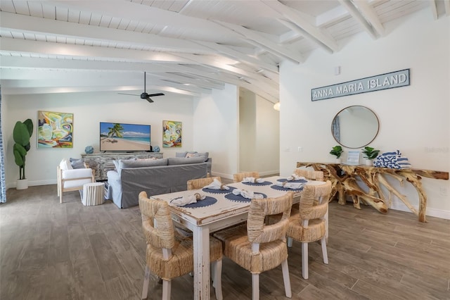 305 73rd St, Holmes Beach, FL 34217 - dining area featuring lofted ceiling with beams, wood finished floors, baseboards, and ceiling fan
