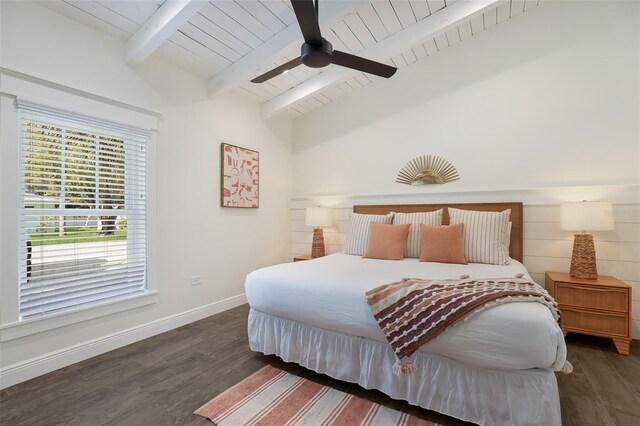 305 73rd St, Holmes Beach, FL 34217 - bedroom featuring a ceiling fan, wood finished floors, vaulted ceiling with beams, wood ceiling, and baseboards