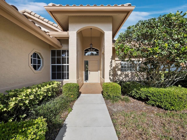 3835 Alamanda Dr, Sarasota, FL 34238 - property entrance with stucco siding and a tiled roof