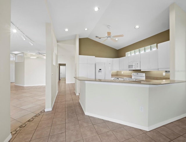 3835 Alamanda Dr, Sarasota, FL 34238 - kitchen featuring white appliances, ceiling fan, light tile patterned flooring, white cabinetry, and recessed lighting