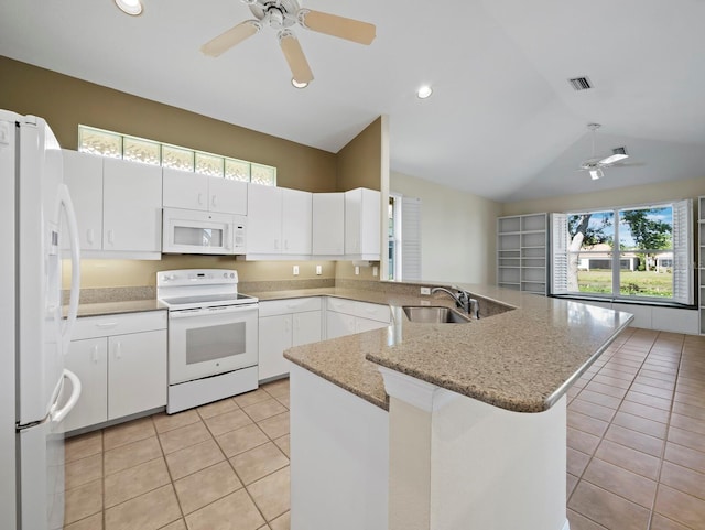 3835 Alamanda Dr, Sarasota, FL 34238 - kitchen featuring white appliances, a ceiling fan, a sink, a peninsula, and light tile patterned flooring