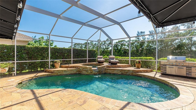 view of swimming pool with area for grilling, a patio, a pool with connected hot tub, and a lanai