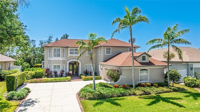 mediterranean / spanish-style house with driveway, french doors, a front lawn, an attached garage, and stucco siding