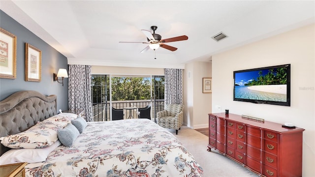 bedroom featuring a ceiling fan, visible vents, baseboards, access to outside, and light carpet