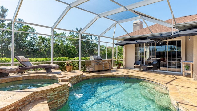 view of pool with area for grilling, a lanai, exterior kitchen, a pool with connected hot tub, and a patio area