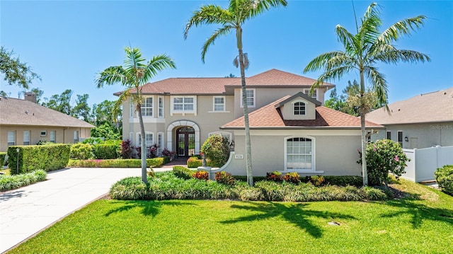mediterranean / spanish home featuring french doors, fence, stucco siding, and a front lawn