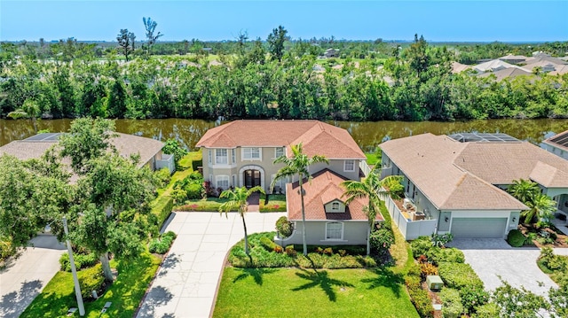 aerial view featuring a residential view and a water view