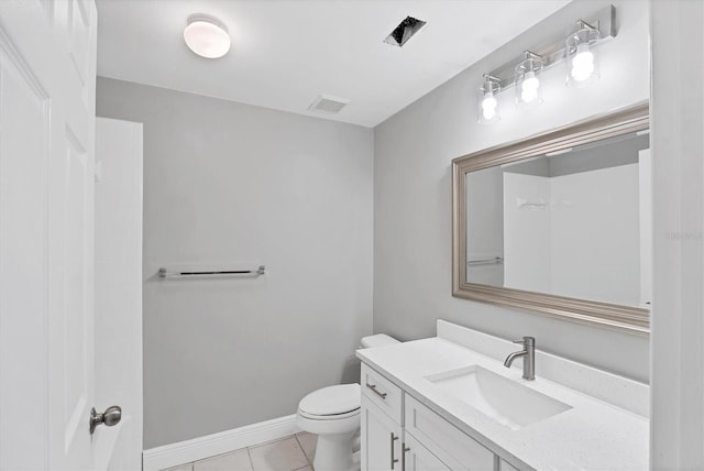 full bathroom with toilet, tile patterned floors, vanity, and a shower