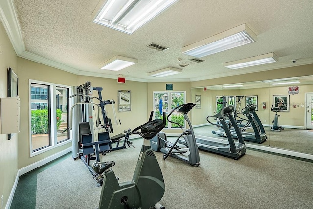 4061 Crockers Lake Blvd Unit 2618, Sarasota, FL 34238 - workout area featuring baseboards, visible vents, a textured ceiling, and ornamental molding