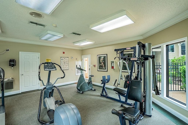 4061 Crockers Lake Blvd Unit 2618, Sarasota, FL 34238 - workout area with crown molding, a textured ceiling, and visible vents
