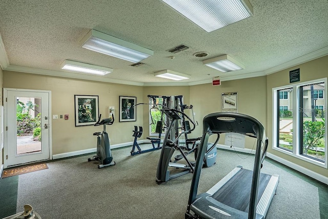 4061 Crockers Lake Blvd Unit 2618, Sarasota, FL 34238 - workout area featuring ornamental molding, carpet flooring, visible vents, and a healthy amount of sunlight