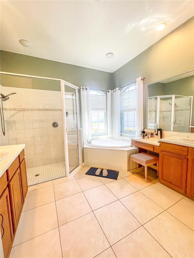 2980 Seasons Blvd, Sarasota, FL 34240 - full bathroom with a shower stall, vanity, tile patterned flooring, and a bath