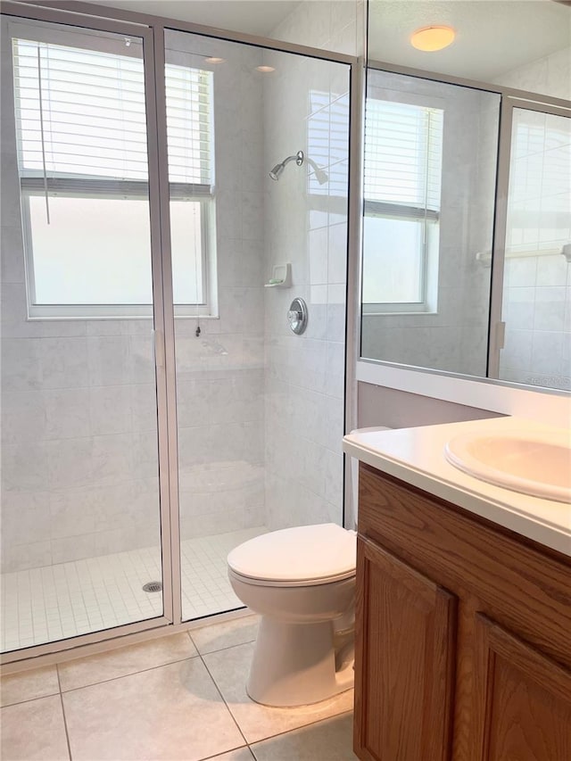2980 Seasons Blvd, Sarasota, FL 34240 - bathroom featuring a shower stall, vanity, tile patterned floors, and toilet