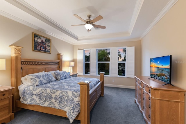 2397 Vaccaro Dr, Sarasota, FL 34231 - bedroom featuring dark colored carpet, a raised ceiling, crown molding, ceiling fan, and baseboards