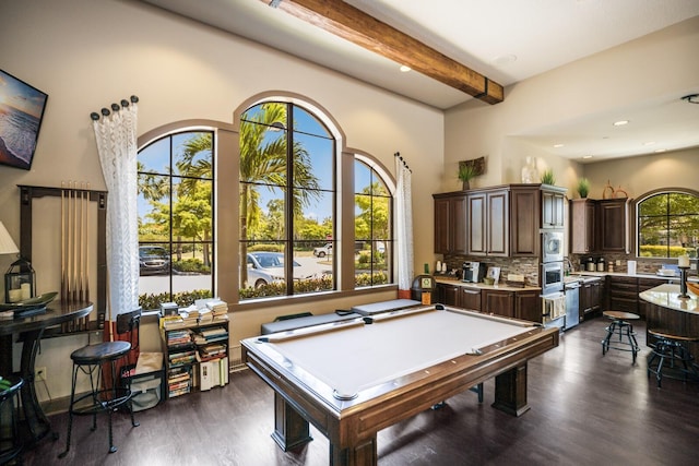 2397 Vaccaro Dr, Sarasota, FL 34231 - rec room with pool table, dark wood-style floors, beamed ceiling, and recessed lighting