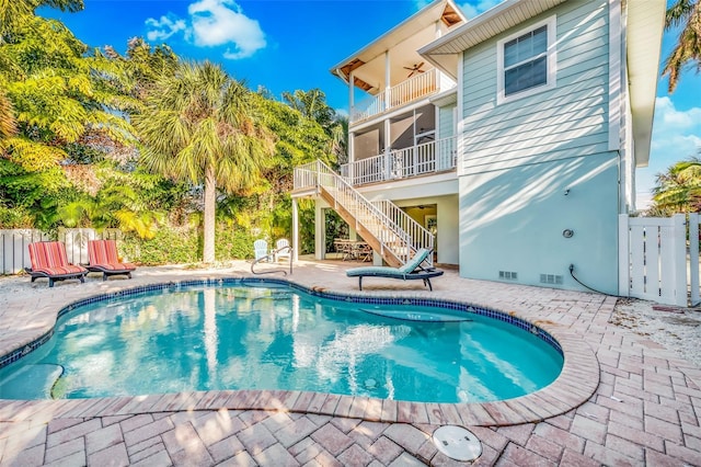 426 Magnolia Ave, Anna Maria, FL 34216 - view of pool with stairway, a fenced in pool, fence, ceiling fan, and a patio area
