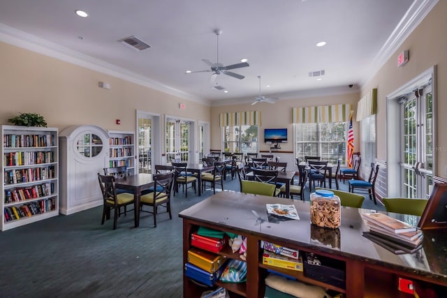 dining area featuring visible vents, ceiling fan, recessed lighting, and ornamental molding