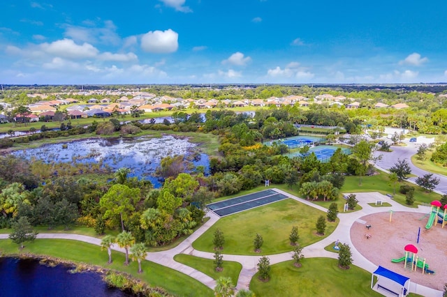 aerial view featuring a residential view and a water view
