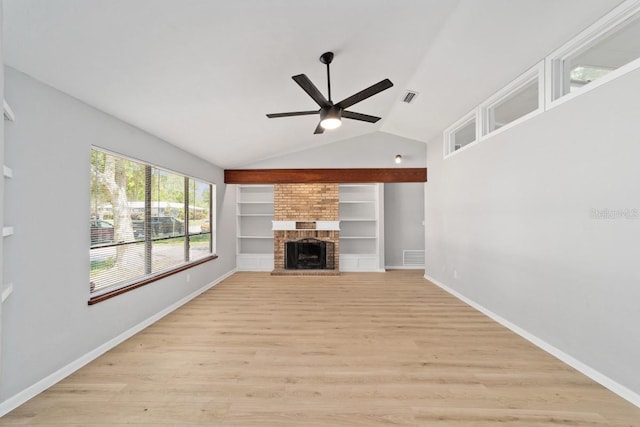 unfurnished living room with light wood finished floors, baseboards, visible vents, lofted ceiling, and a ceiling fan