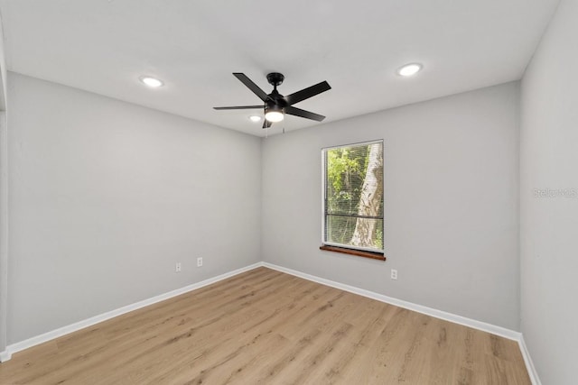 unfurnished room with baseboards, recessed lighting, light wood-style floors, and ceiling fan