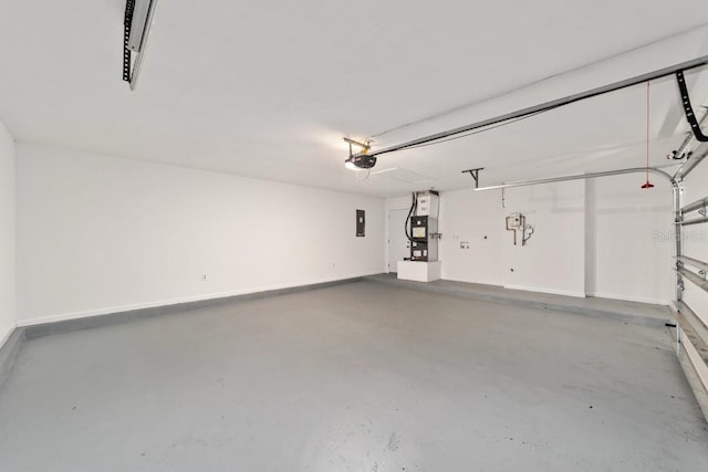 garage with a garage door opener, heating unit, electric panel, and baseboards