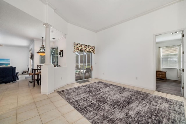 9101 Yarberry St, Sarasota, FL 34240 - tiled empty room with ornamental molding and ornate columns