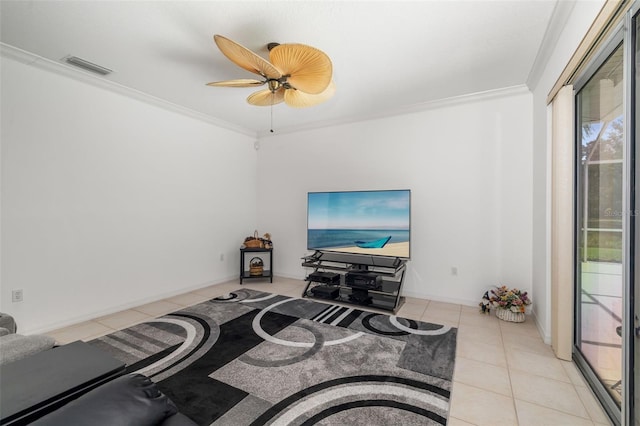 9101 Yarberry St, Sarasota, FL 34240 - tiled living area featuring crown molding and a ceiling fan