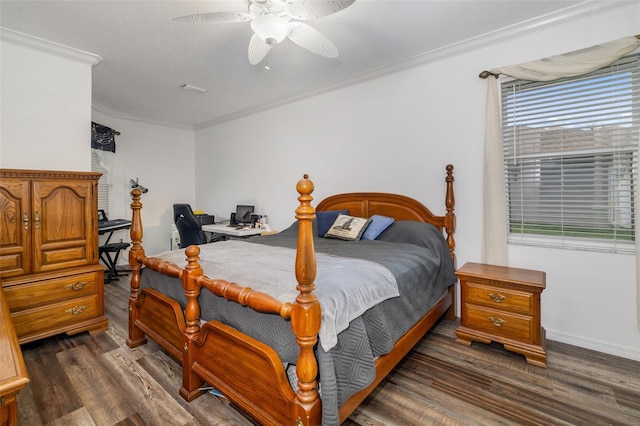 9101 Yarberry St, Sarasota, FL 34240 - bedroom featuring crown molding, wood finished floors, an office area, ceiling fan, and baseboards