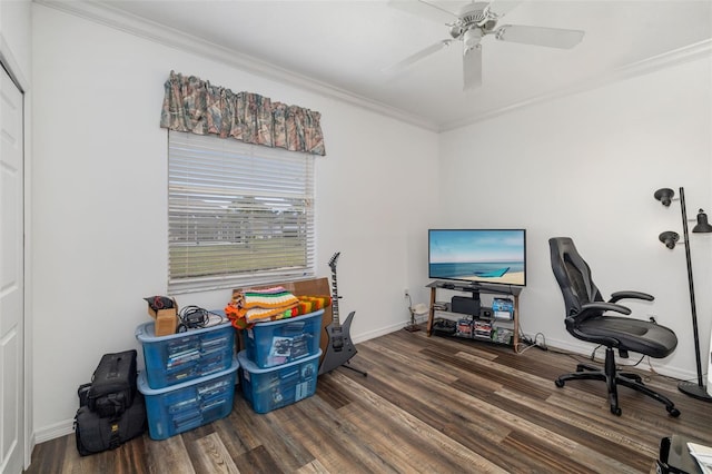 9101 Yarberry St, Sarasota, FL 34240 - office space featuring ornamental molding, wood finished floors, baseboards, and a ceiling fan