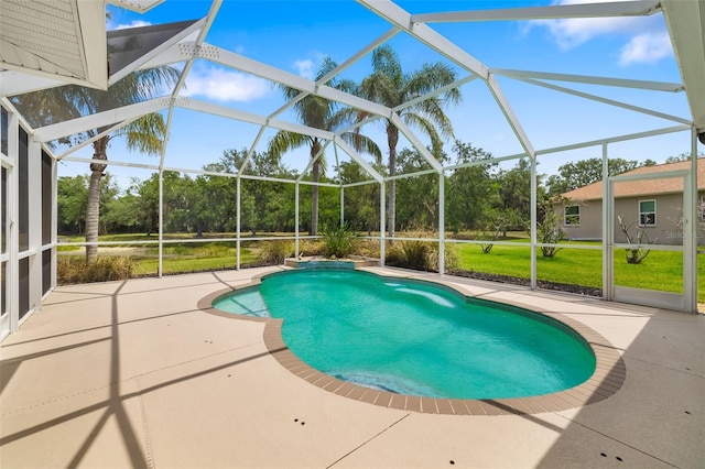 9101 Yarberry St, Sarasota, FL 34240 - swimming pool featuring a patio area, a lawn, and glass enclosure